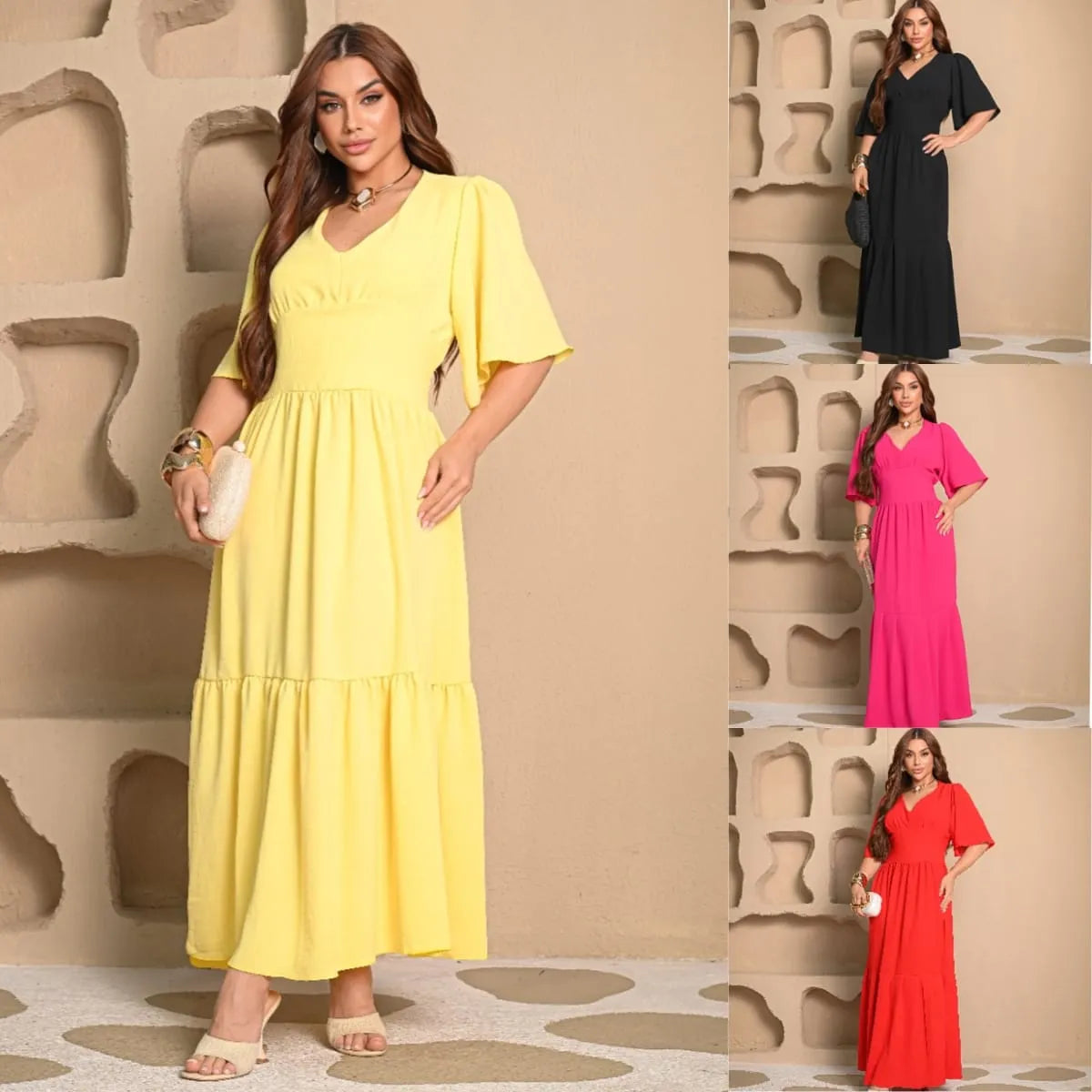 Combo 4 Vestidos Longos Lara - Ama/Pre/Ro/Verm